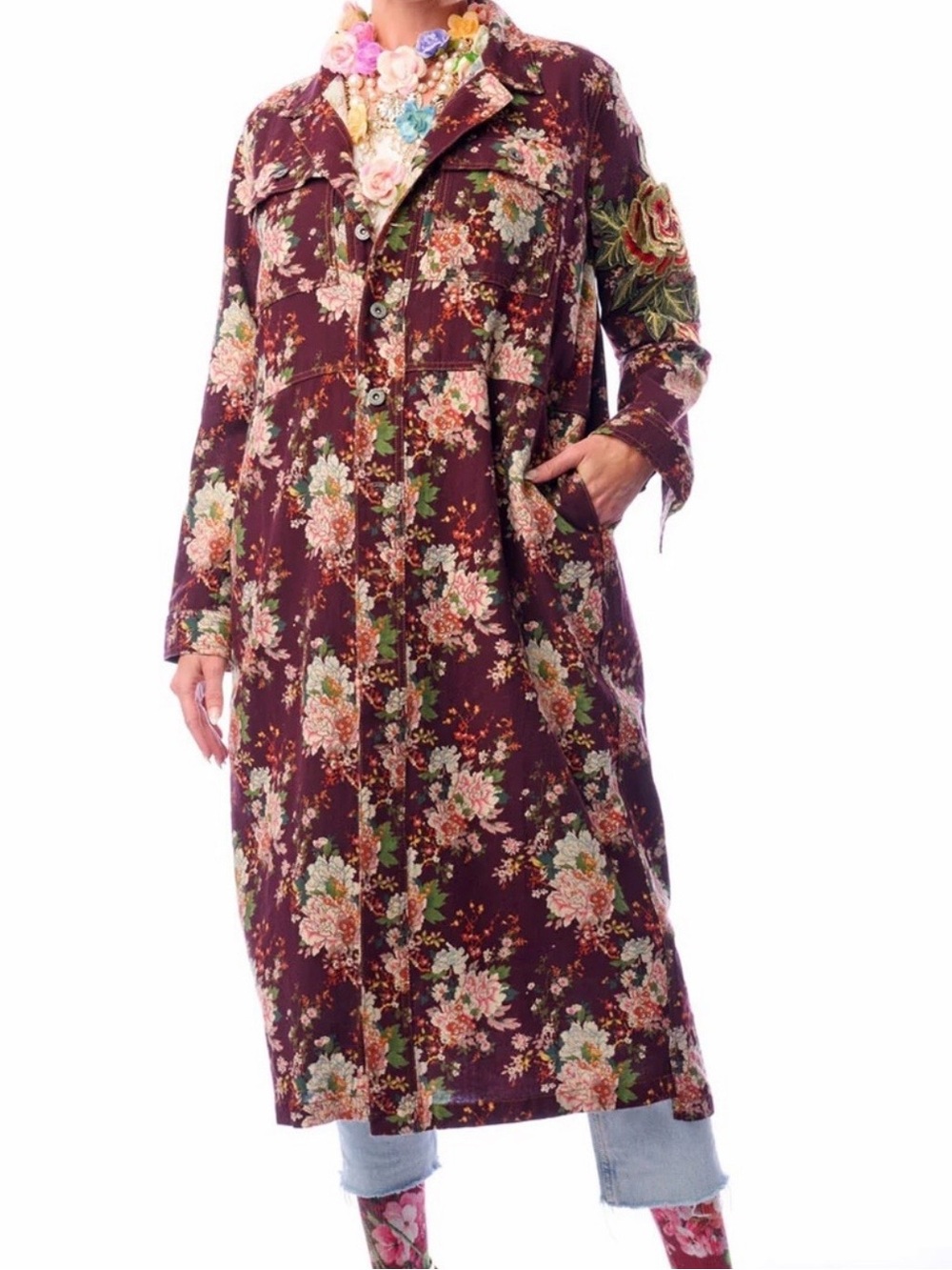 Aratta Silent Journey Floral Burgundy Long Trench Coat